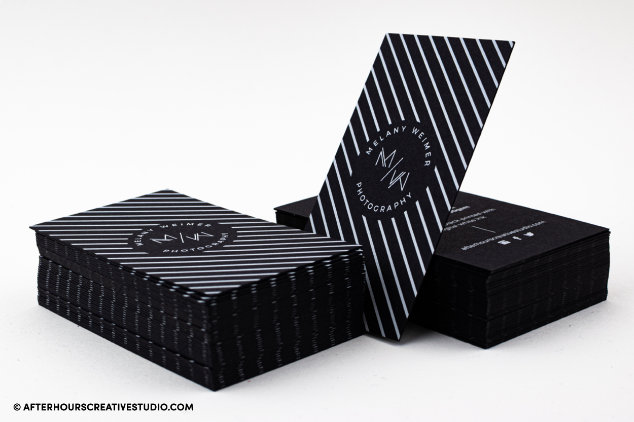 Black Business Cards 500gsm, with black edges printed with digital white ink.