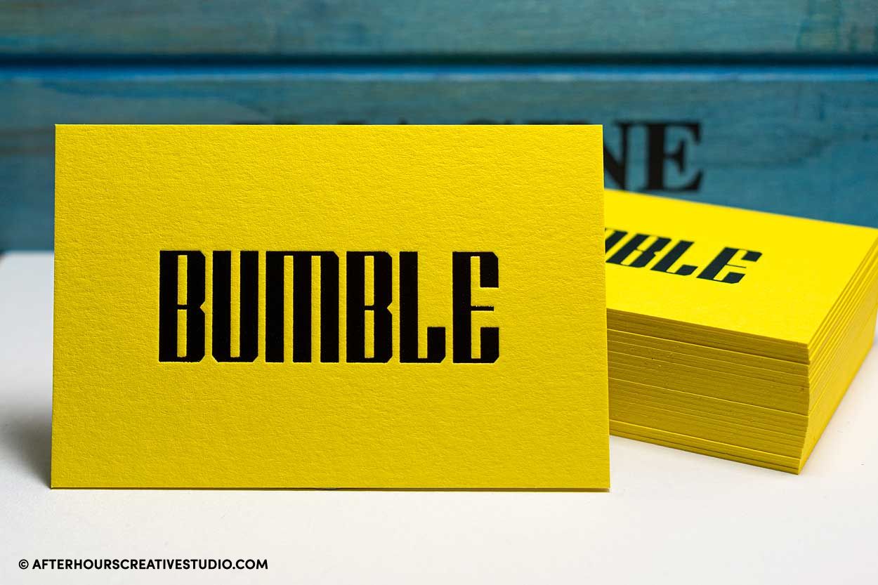 Colorplan Factory Yellow Business Cards 700gsm with gloss black foil stamping